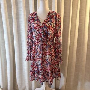 Kirundo Womens Dress Small Pink Floral Faux Wrap Ruffle Tiered Long Sleeve Flowy